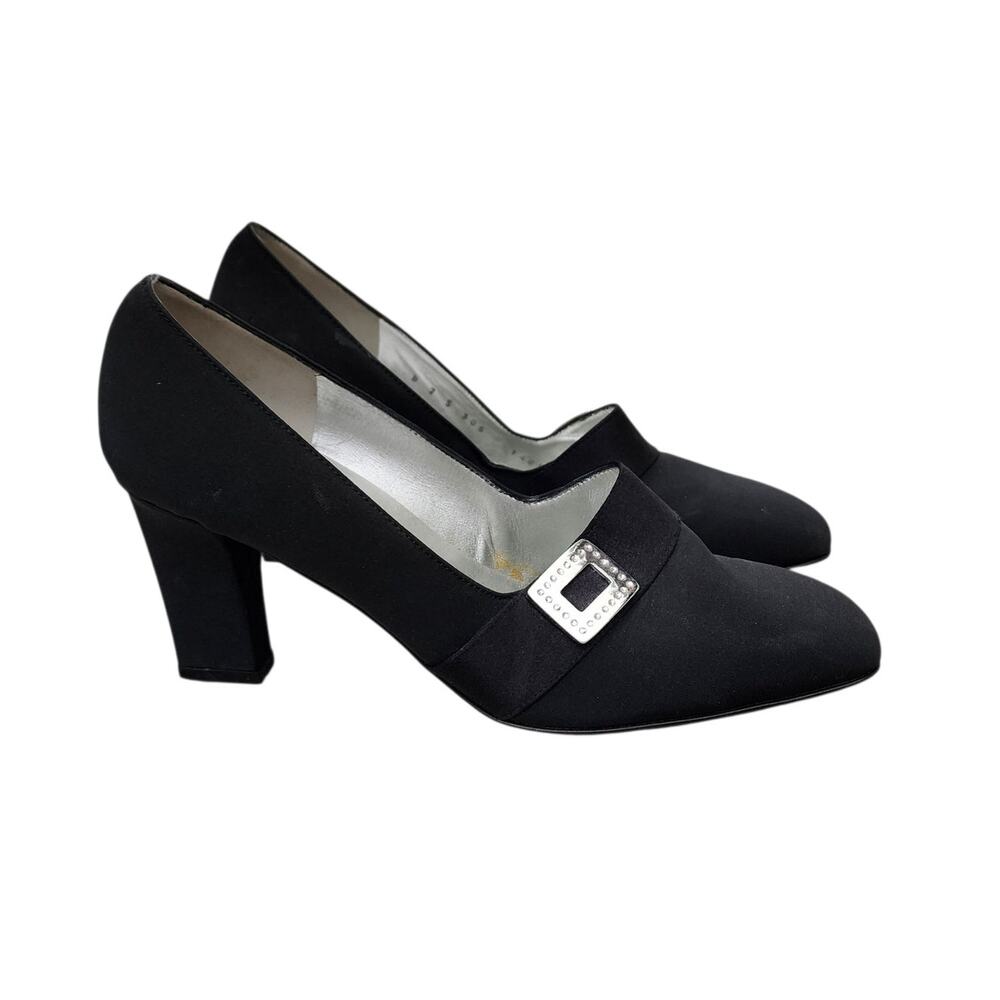 St. John Black Fabric Square Crystal Accent Italian Pumps 7